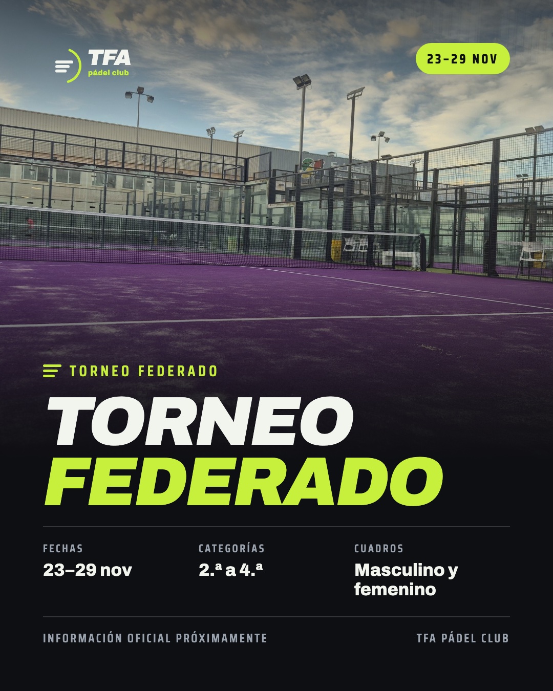 Cartel TFA: torneo federado, 23–29 de noviembre, categorías 2.ª a 4.ª